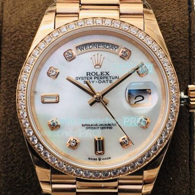 Swiss Replica Rose Gold Rolex Day Date 36 Watch White Mop Dial From EW Factory